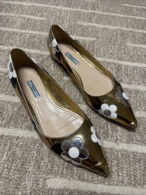 Prada Metallic Gold Pointed-Toe Floral Appliqué Flats